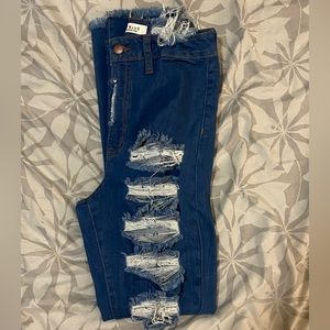 Dark denim lightweight distressed skinny jeans